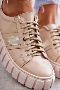 Damskie Skórzane Buty Sportowe Wiązane Beżowo-Złote Ariva