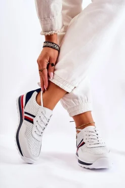 Damskie Skórzane Buty Sportowe Biało-Granatowe Jane