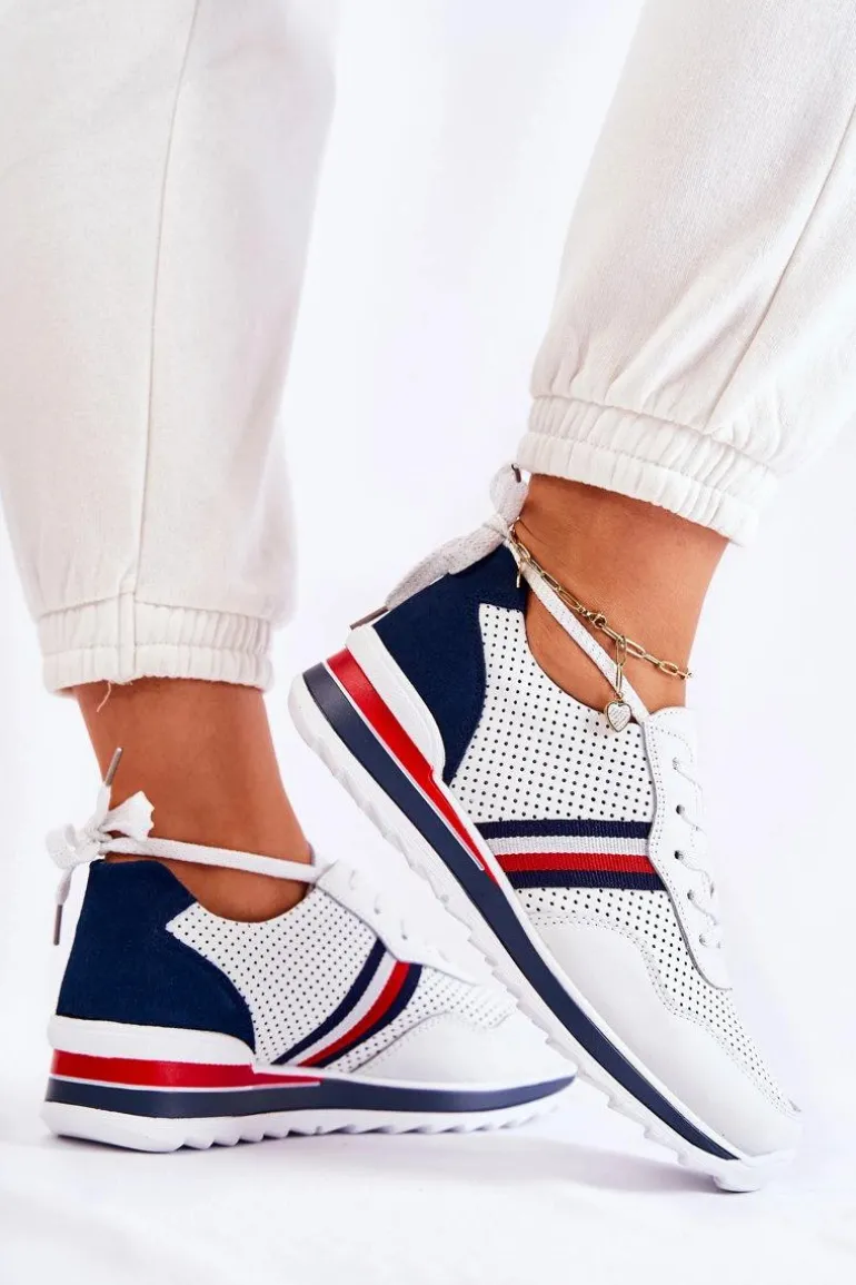 Damskie Skórzane Buty Sportowe Biało-Granatowe Jane