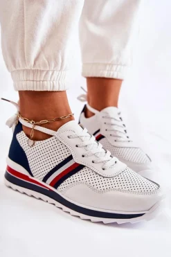 Damskie Skórzane Buty Sportowe Biało-Granatowe Jane