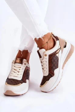 Damskie Skórzane Buty Sportowe Na Koturnie Biało-Brązowe Catrine