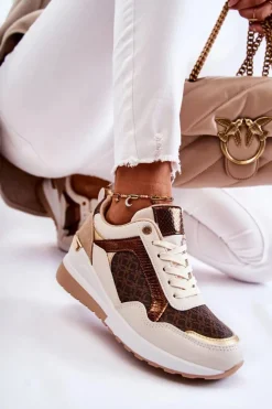 Damskie Skórzane Buty Sportowe Na Koturnie Biało-Brązowe Catrine