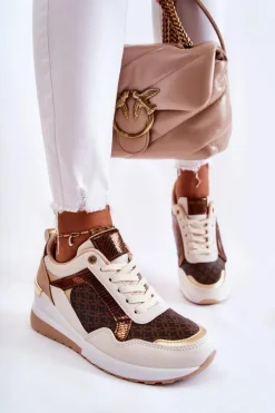 Damskie Skórzane Buty Sportowe Na Koturnie Biało-Brązowe Catrine