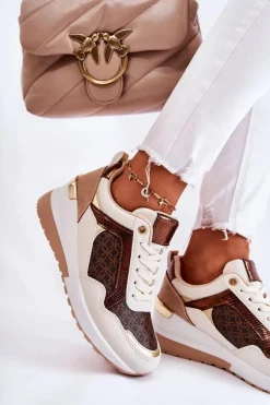 Damskie Skórzane Buty Sportowe Na Koturnie Biało-Brązowe Catrine