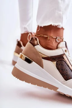 Damskie Skórzane Buty Sportowe Na Koturnie Biało-Brązowe Catrine