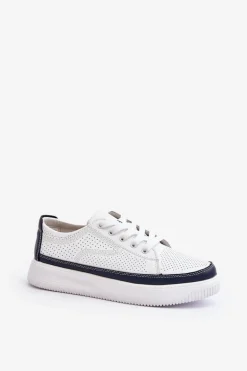 Damskie Skórzane Buty Sportowe Sneakersy Biało-Granatowe Failla