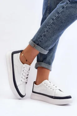 Damskie Skórzane Buty Sportowe Sneakersy Biało-Granatowe Failla