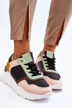 Damskie Skórzane Buty Sportowe Na Platformie Czarno-Zielone Chaya