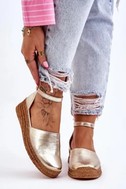 Damskie Skórzane Espadryle Sandały Złote Moise