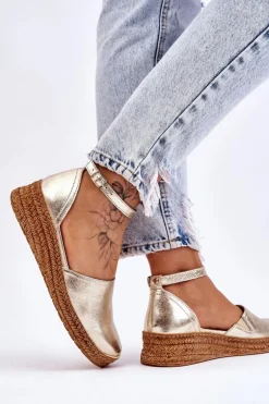 Damskie Skórzane Espadryle Sandały Złote Moise