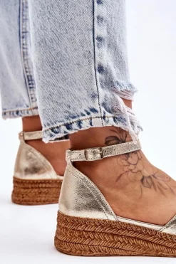 Damskie Skórzane Espadryle Sandały Złote Moise