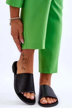 Damskie Skórzane Gładkie Klapki Czarne Cerise