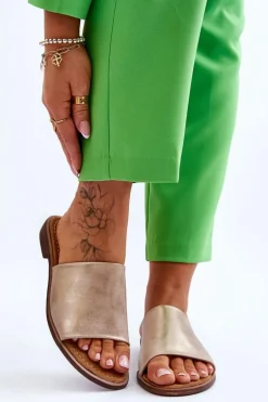 Damskie Skórzane Gładkie Klapki Złote Cerise