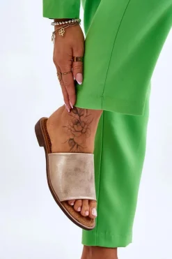 Damskie Skórzane Gładkie Klapki Złote Cerise