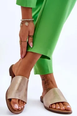 Damskie Skórzane Gładkie Klapki Złote Cerise