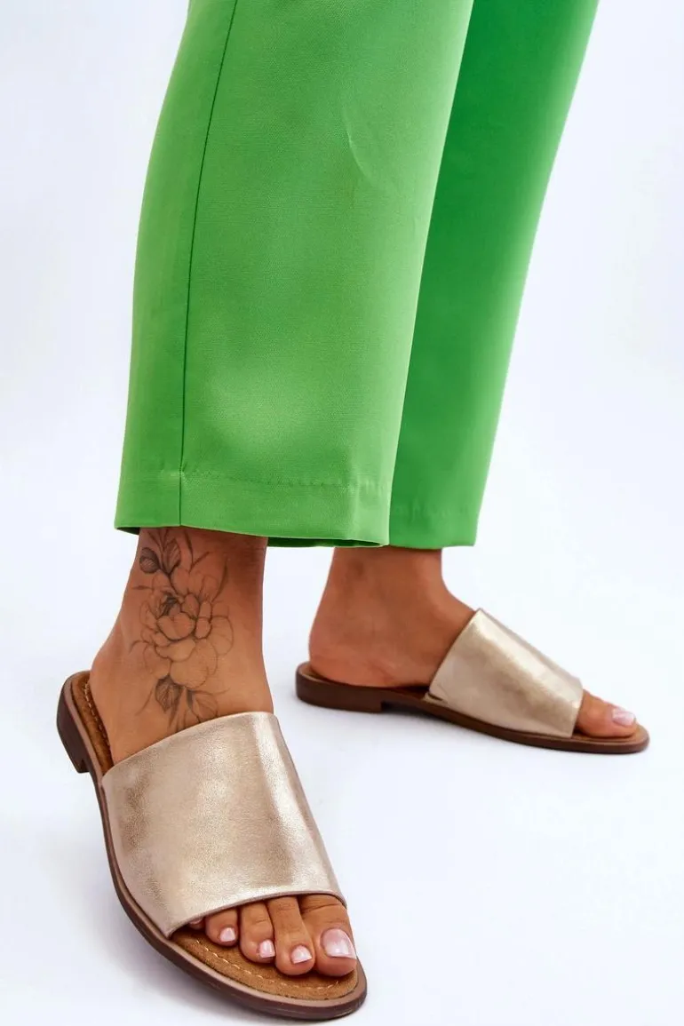 Damskie Skórzane Gładkie Klapki Złote Cerise