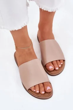 Damskie Skórzane Gładkie Klapki Beżowe Cerise