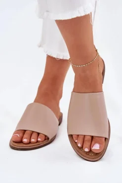 Damskie Skórzane Gładkie Klapki Beżowe Cerise