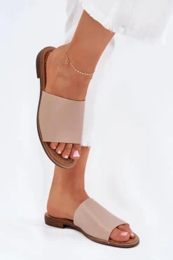 Damskie Skórzane Gładkie Klapki Beżowe Cerise