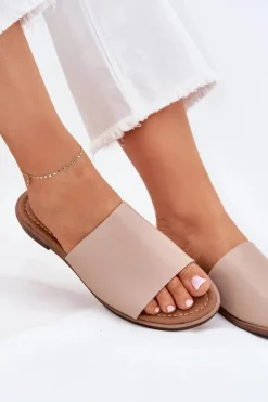 Damskie Skórzane Gładkie Klapki Beżowe Cerise