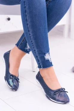 Damskie Skórzane Granatowe Ażurowe Balerinki Erdola