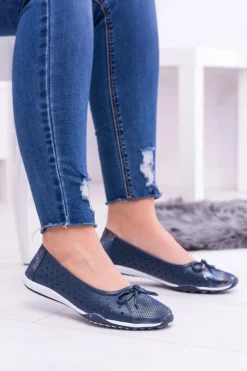 Damskie Skórzane Granatowe Ażurowe Balerinki Erdola