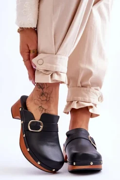 Damskie Skórzane Klapki Chodaki Czarne Fanett