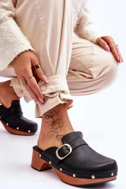 Damskie Skórzane Klapki Chodaki Czarne Fanett