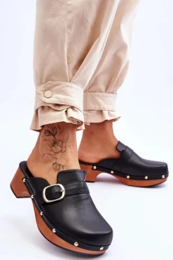 Damskie Skórzane Klapki Chodaki Czarne Fanett