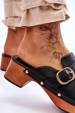 Damskie Skórzane Klapki Chodaki Czarne Fanett