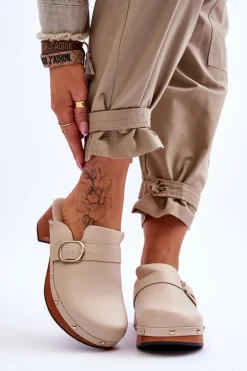 Damskie Skórzane Klapki Chodaki Beżowe Fanett