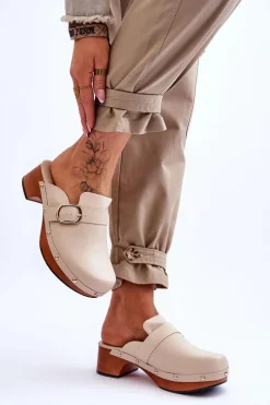 Damskie Skórzane Klapki Chodaki Beżowe Fanett