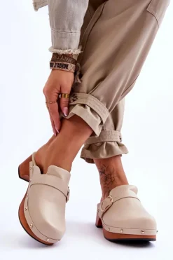 Damskie Skórzane Klapki Chodaki Beżowe Fanett