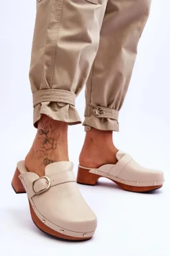 Damskie Skórzane Klapki Chodaki Beżowe Fanett