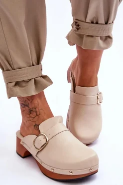 Damskie Skórzane Klapki Chodaki Beżowe Fanett