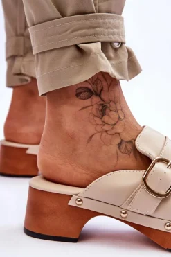 Damskie Skórzane Klapki Chodaki Beżowe Fanett