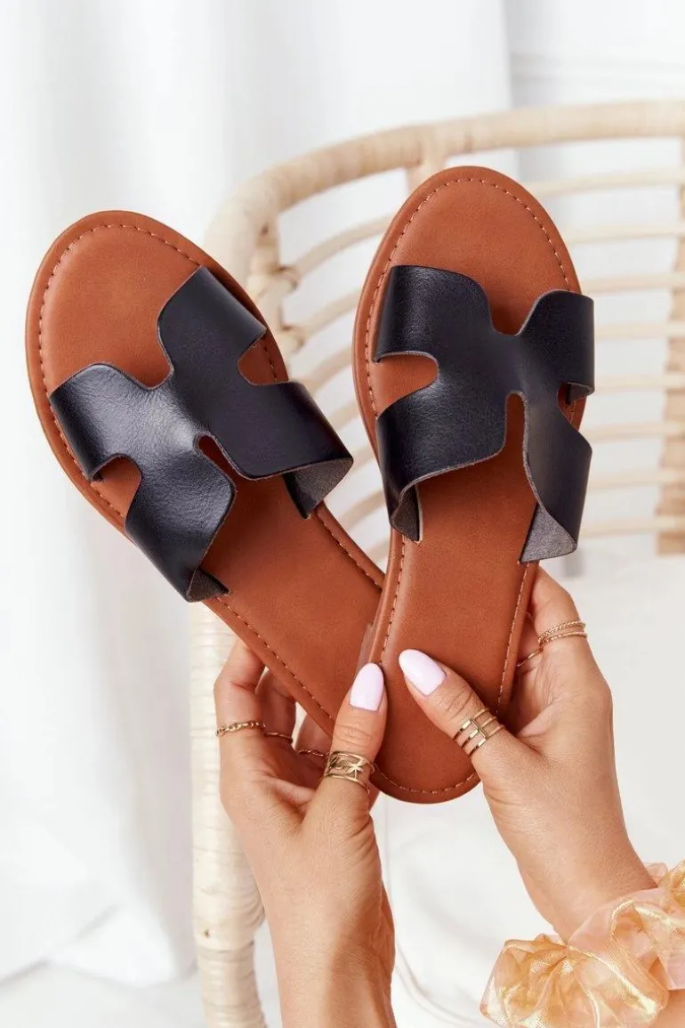 Damskie Skórzane Klapki Czarne Seres