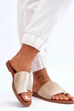 Damskie Skórzane Klapki Japonki Jasnozłote Amite