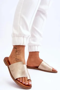 Damskie Skórzane Klapki Japonki Jasnozłote Amite