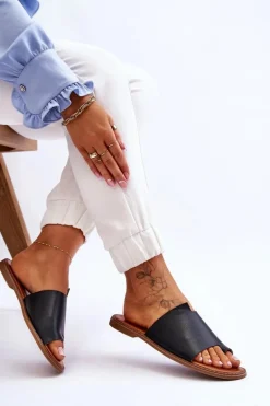 Damskie Skórzane Klapki Japonki Czarne Amite