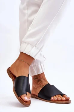 Damskie Skórzane Klapki Japonki Czarne Amite