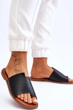 Damskie Skórzane Klapki Japonki Czarne Amite