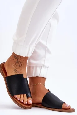 Damskie Skórzane Klapki Japonki Czarne Amite