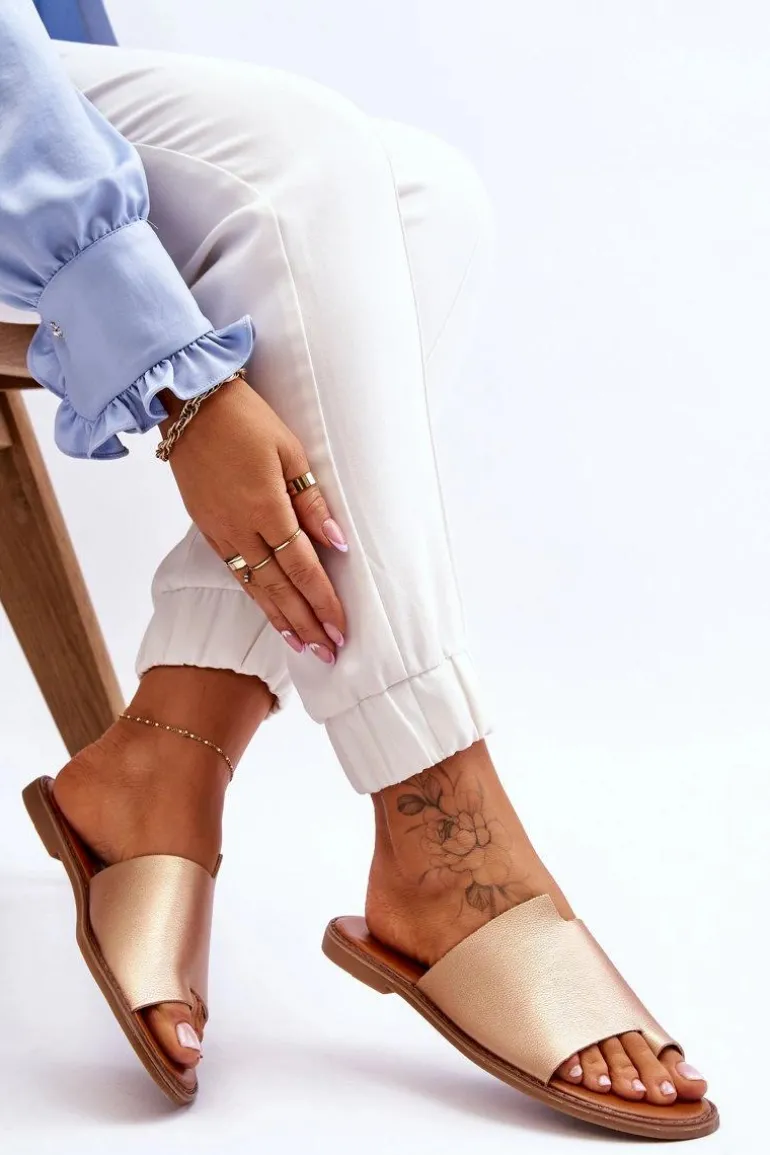 Damskie Skórzane Klapki Japonki Złote Amite