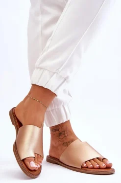 Damskie Skórzane Klapki Japonki Złote Amite