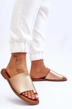 Damskie Skórzane Klapki Japonki Złote Amite