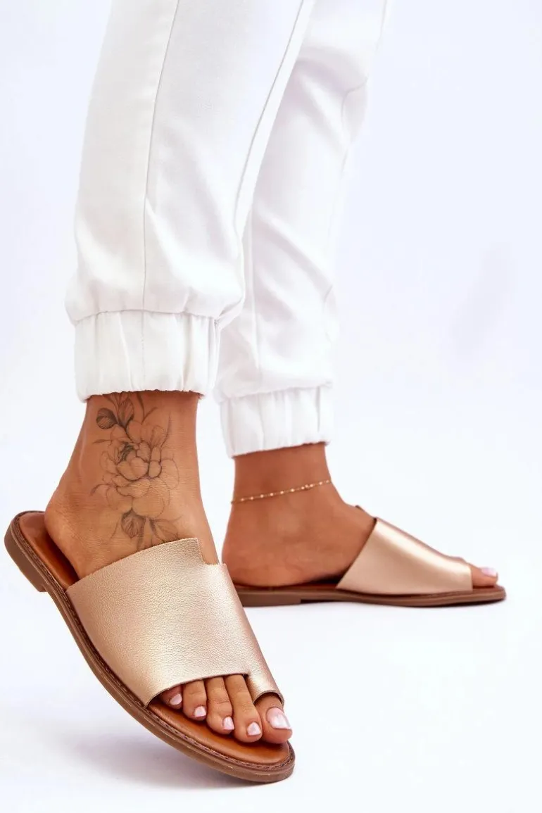 Damskie Skórzane Klapki Japonki Złote Amite