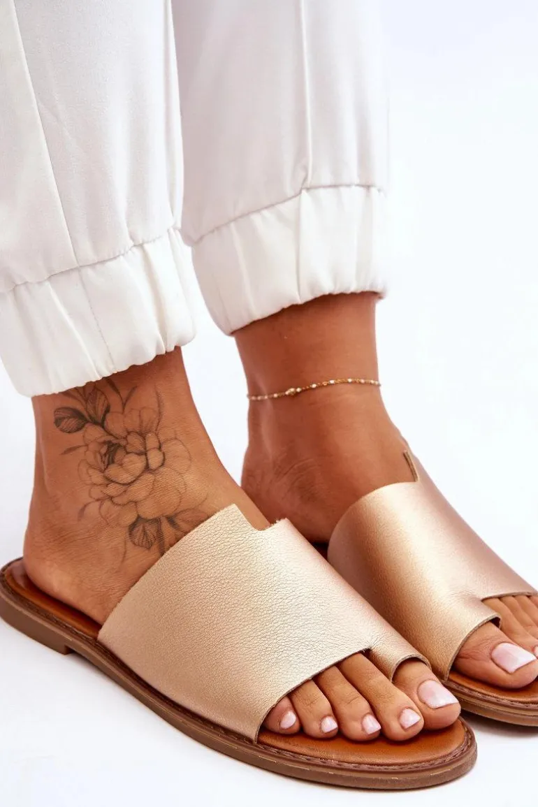 Damskie Skórzane Klapki Japonki Złote Amite