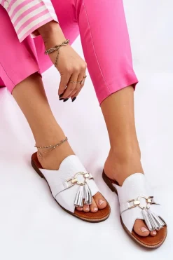 Damskie Skórzane Klapki Lewski Shoes 3226 Białe