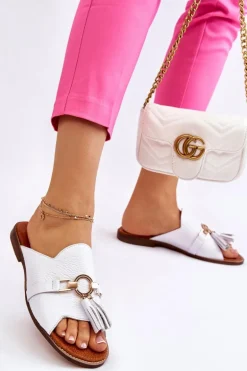 Damskie Skórzane Klapki Lewski Shoes 3226 Białe